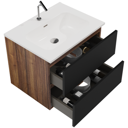 Gloria 24" Wall Mounted Soft Black & Walnut Bathroom Vanity with Integrated Ceramic Sink with Overflow, Large Storage Floating Bathroom Vanity for Modern Bathroom, KD image 7