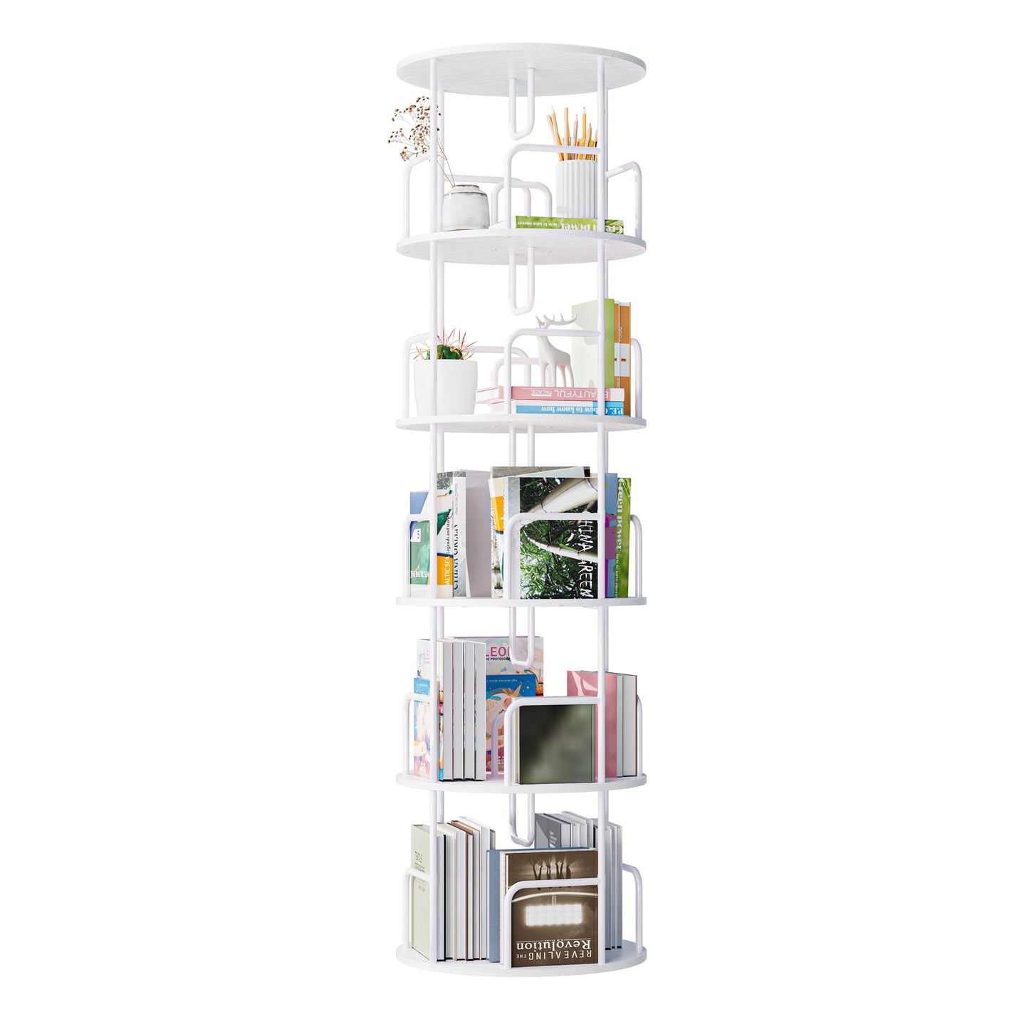 Rotating Bookshelf Tower 5 Tier,Spinning Bookcase, Revolving 360 Book Shelf Narrow Tall Bookcase, Vertical Turning Round storage Bookshelf,Book Shelf Organizer for Bedroom, Living Room, White image 1