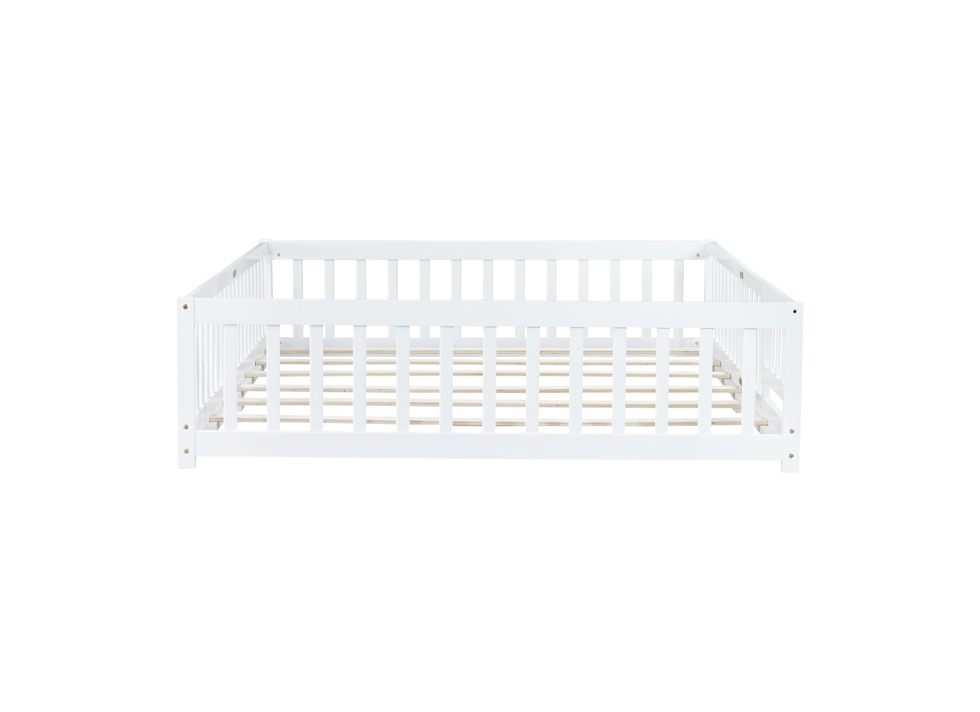 Queen Size Floor Bed with Fence,Door,Rubber Wood Floor Bed with Safety Guardrails,White image 11
