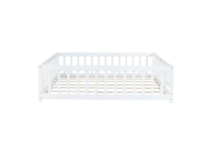 Queen Size Floor Bed with Fence,Door,Rubber Wood Floor Bed with Safety Guardrails,White image 11