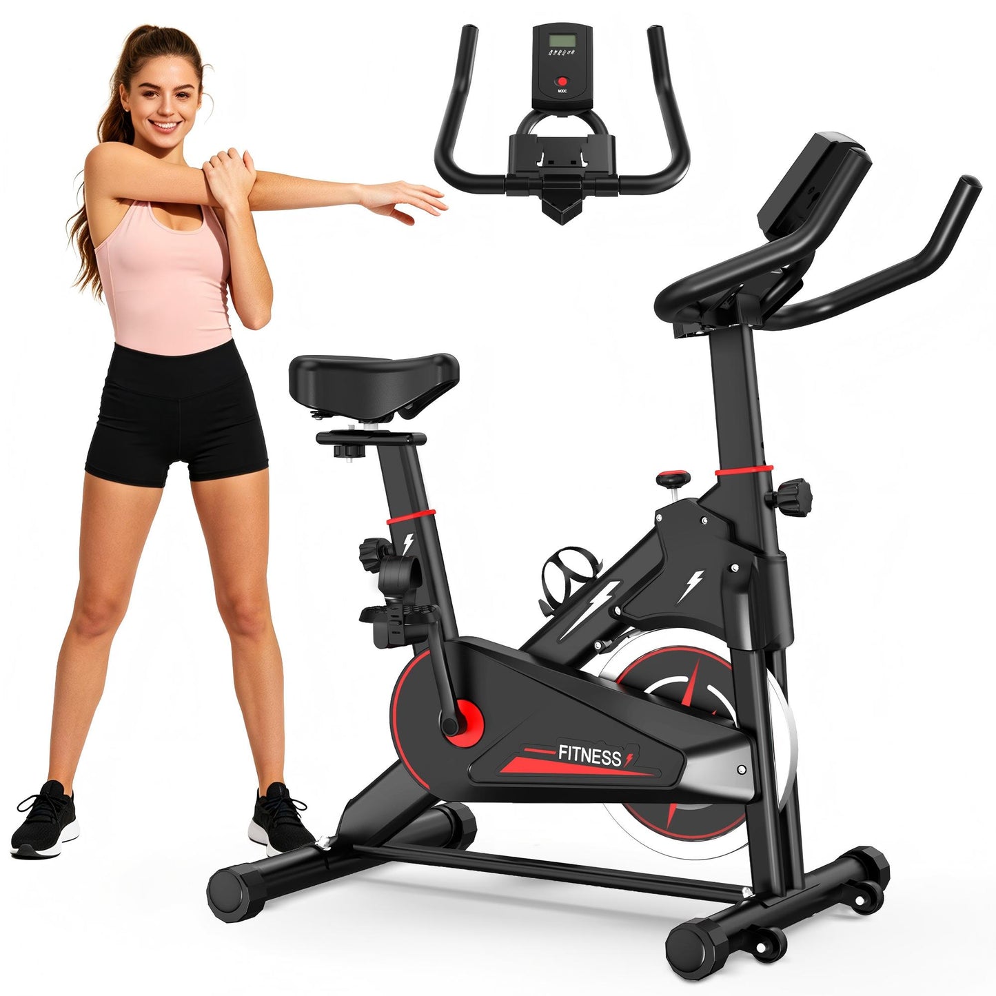 Indoor Exercise Bike, Stationary Cycling Bike with Monitor, Adjustable Resistance, Comfortable Seat & Handlebars, Stable Base, Portable Design Home Fitness Workout Cycle for Daily Indoor Use image 1