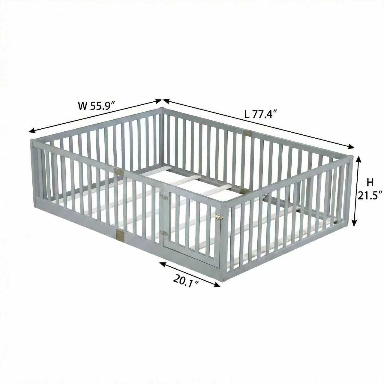 Full Size Floor Bed with High Fence Railings, with Door,6 Slats Included, Rubber Wood Floor Bed with Safety Guardrails,Grey image 8