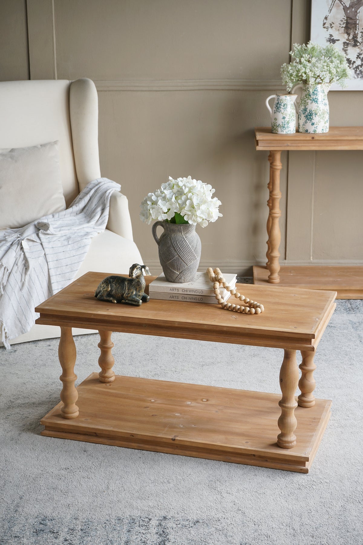 36x18x18" 2-Tier Rustic Rectangular Coffee Table, Natural Wood Living Room Center Table with Carved Baluster Legs, Farmhouse/French Country image 7