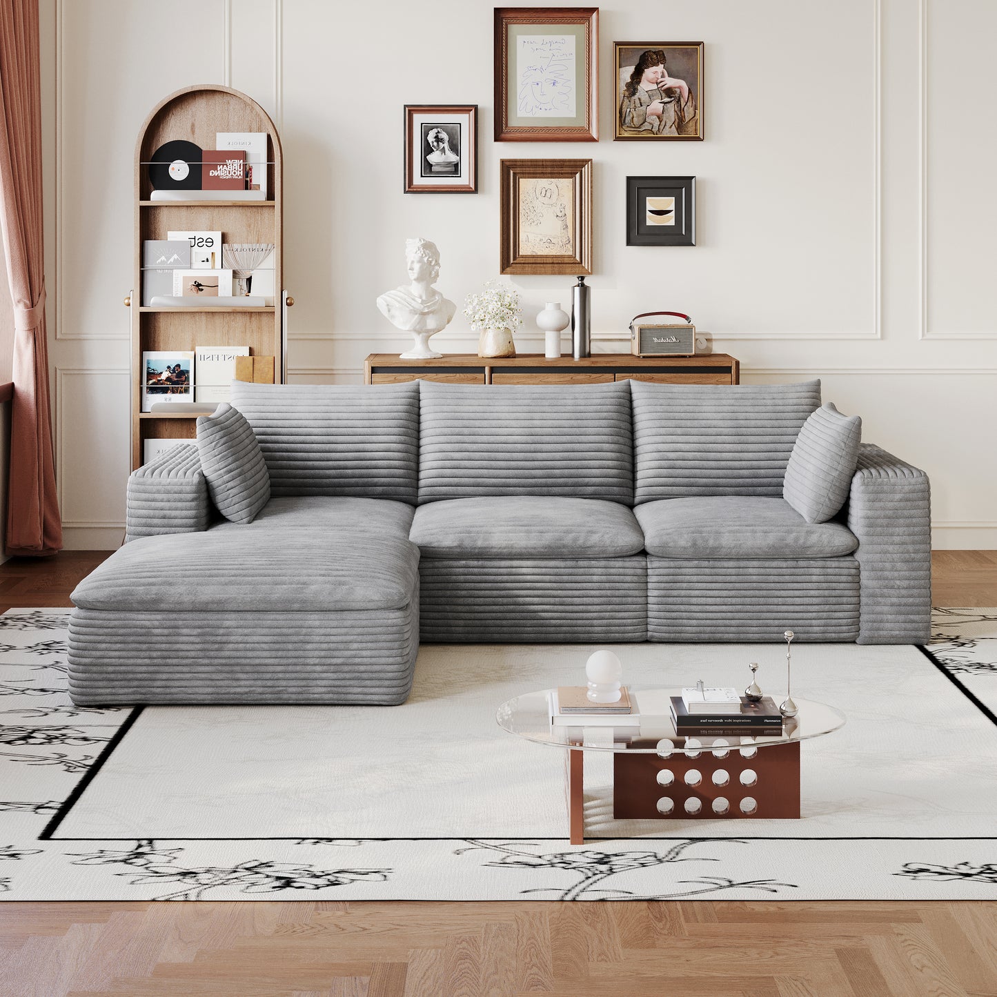 102" Cloud Sofa,Corduroy Fabric,Deep Seat Couches,Double-layer design,Removable Cushion,No Assembly, DIY Combination for Living room, Bedroom,Conference room,Apartment,Grey image 3