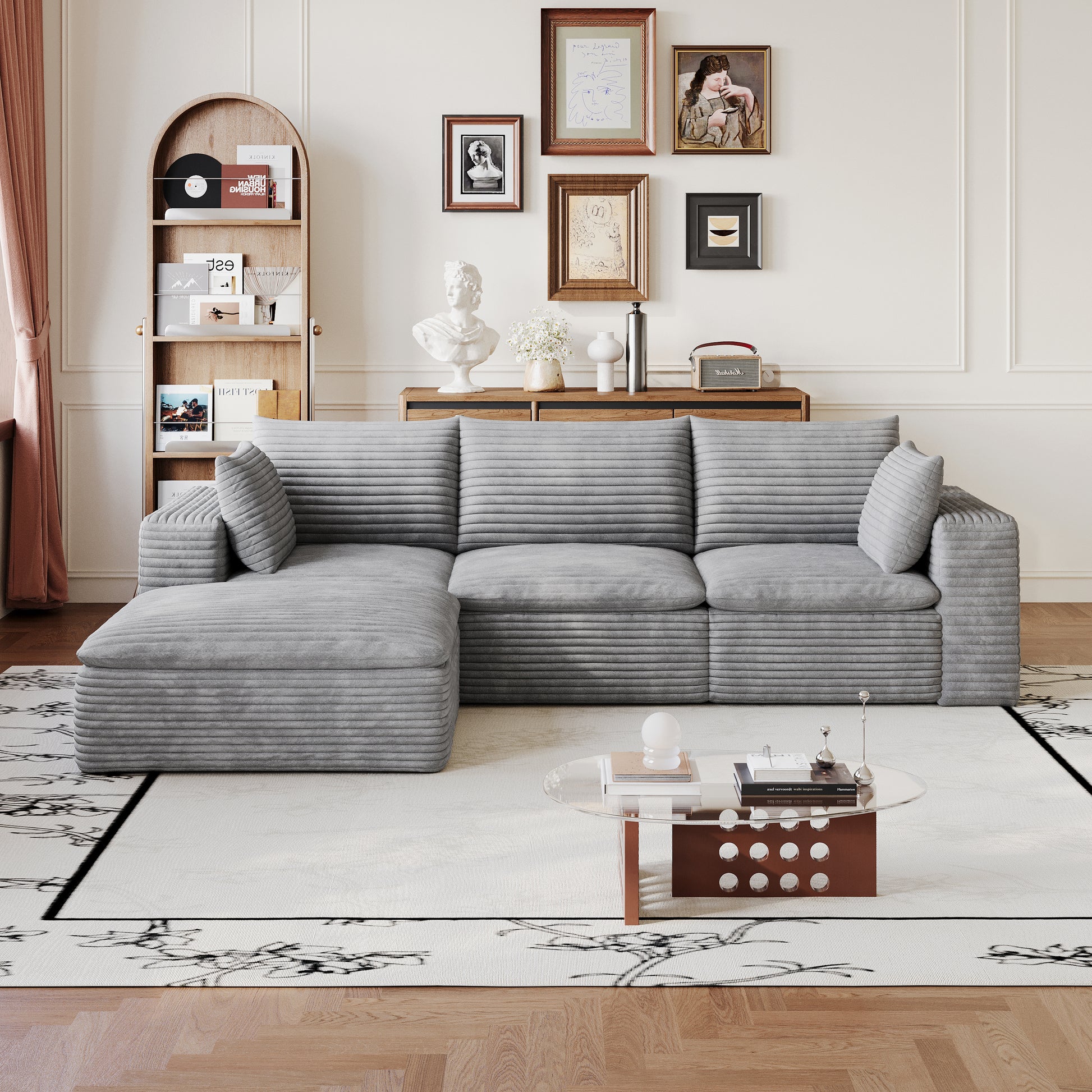 102" Cloud Sofa,Corduroy Fabric,Deep Seat Couches,Double-layer design,Removable Cushion,No Assembly, DIY Combination for Living room, Bedroom,Conference room,Apartment,Grey image 3
