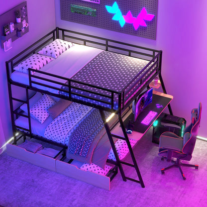 Full Size Metal Bunk Bed with Built-in Desk, Light and 2 Drawers, Black image 2