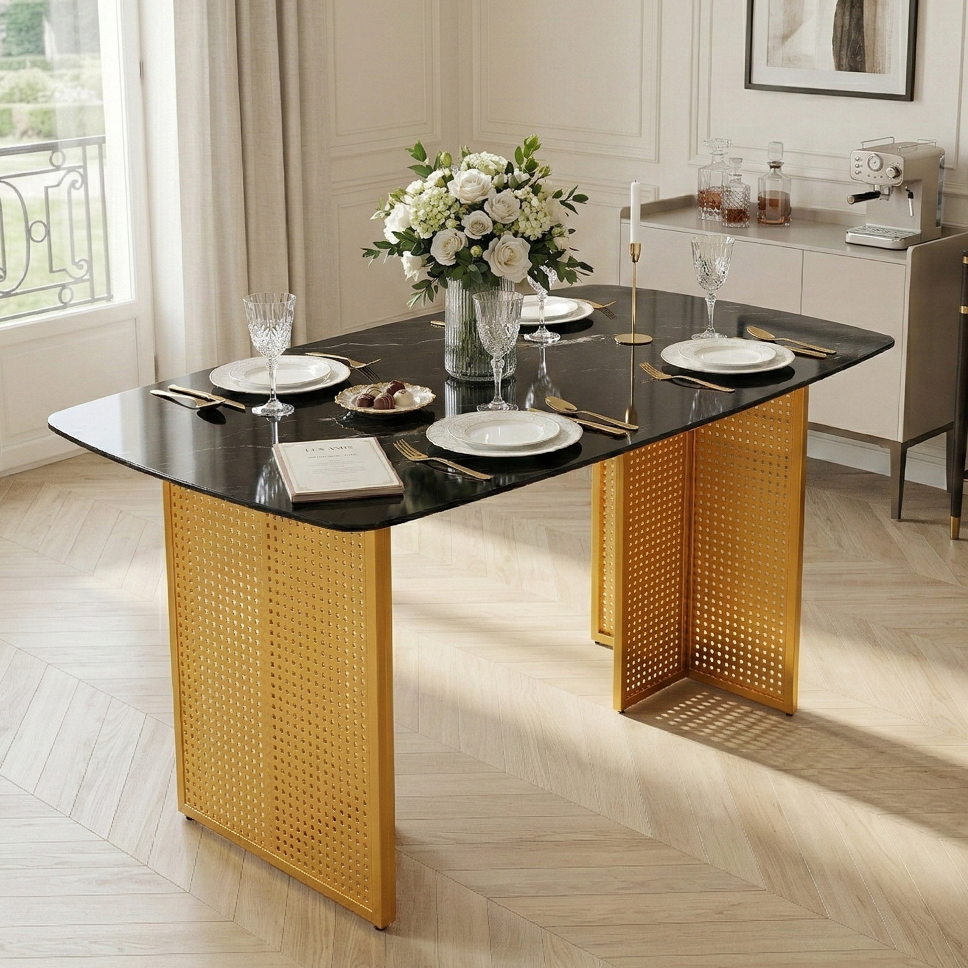 Modern-Style Rectangular Tempered Glass Dining Table for 6, Featuring a Marble-Patterned Design with Golden Hollow-Out Metal Legs, an Ideal Dining Table for Living Rooms and Home Offices. image 4