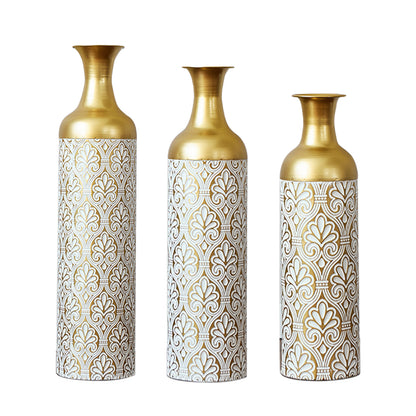 Gold White Metal Vase Set of 3, Tall Decorative Cylinder Flower Vases with Embossed Pattern, Modern Luxury Table Centerpiece for Living Room Home Decor, Shelf Mantel Fireplace Ornaments image 1