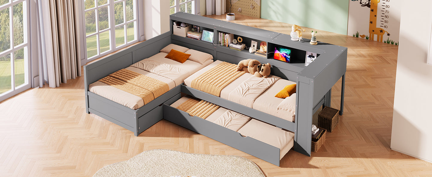 Wood Twin Size L-shaped Platform Bed with Trundle and a Drawer, Grey(Old SKU:N7090001045E) image 8