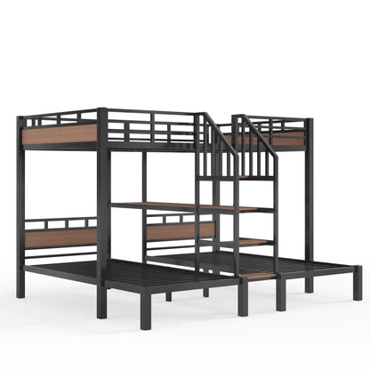 Full over Twin over Twin(Full XL over Twin over Twin) Metal Bunk Bed,triple metal bunk bed with Storage shelves and storage stairs,Black image 12