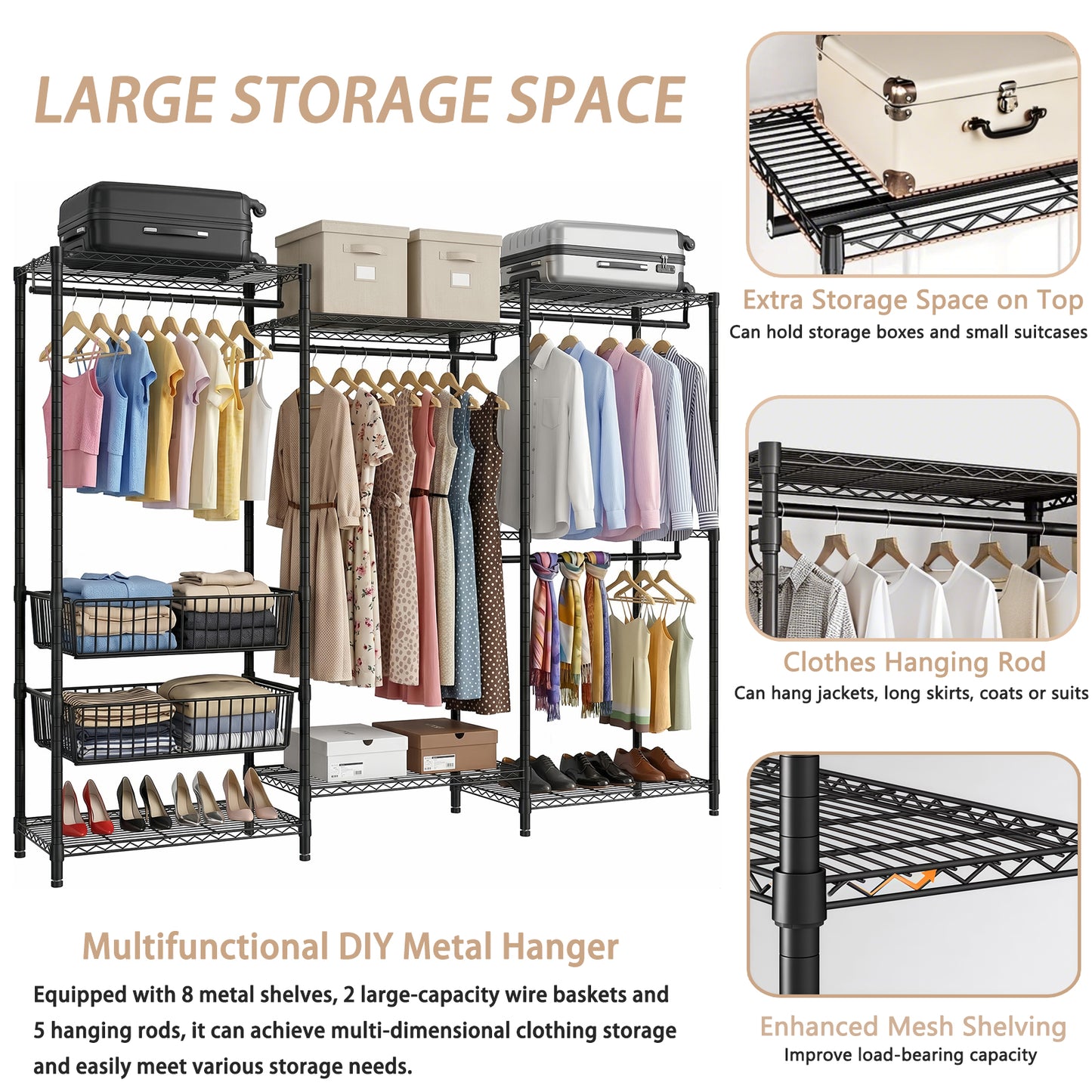 Heavy Duty Clothes Rack, Freestanding Garment Rack with 4 Hanging Rods & 2 Wire Baskets, Large Size Clothing Rack with Adjustable Wire Shelves, 68.5" W x 17.1" D x 76.4" H, Black image 3
