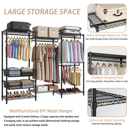 Heavy Duty Clothes Rack, Freestanding Garment Rack with 4 Hanging Rods & 2 Wire Baskets, Large Size Clothing Rack with Adjustable Wire Shelves, 68.5" W x 17.1" D x 76.4" H, Black image 3