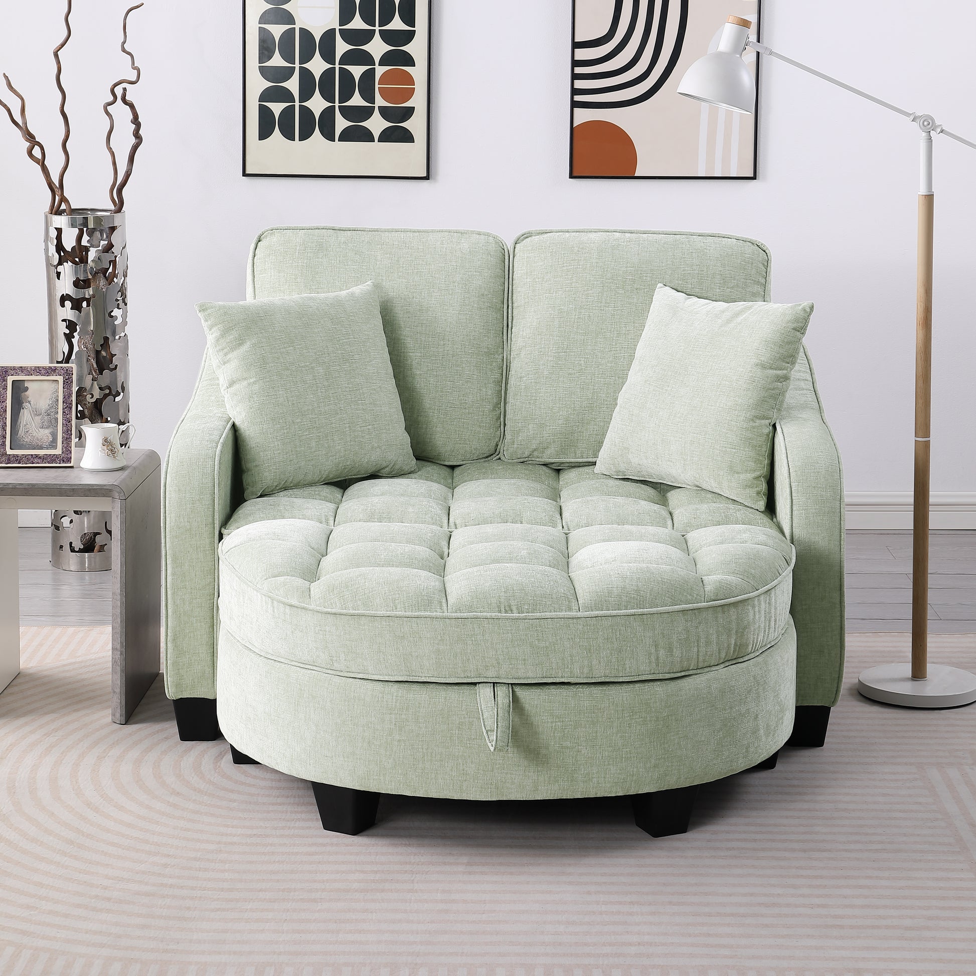Two-seater sofa, double sofa chaise longue, with irregular armrests and backrests, footrest with storage space, comes with two small throw pillows, suitable for living room and bedroom - Cyan image 4