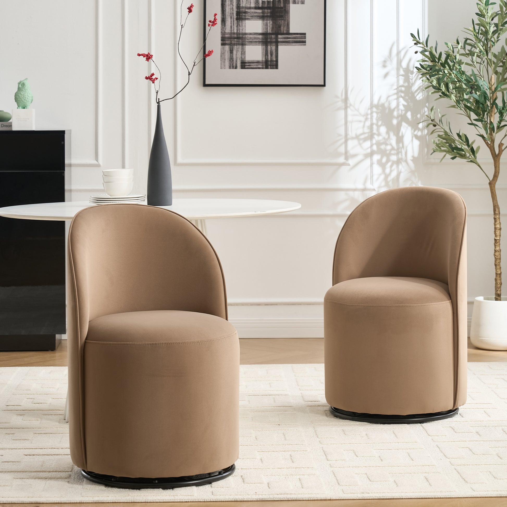 Set Of 1 Upholstered Kitchen & Dining Room Barrel Chair, Mid Century Modern Round Velvet Dining Chair, 360 Degree Swivel Comfy Armless Accent Makeup Vanity Side Chair for Bedroom Living Room image 3