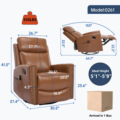 Deep Yellow Genuine Leather Heat Massage Manual Recliner Chair with Rocker and Swivel for Living Room image 2