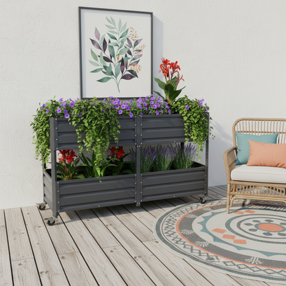 Dual Tier Elevated Metal Raised Garden Bed with Lockable Wheels, Staggered 2-Layer Raised Planter Box for Vegetables Herbs Flowers, Outdoor Patio Backyard Green Planting Bed,Grey image 6