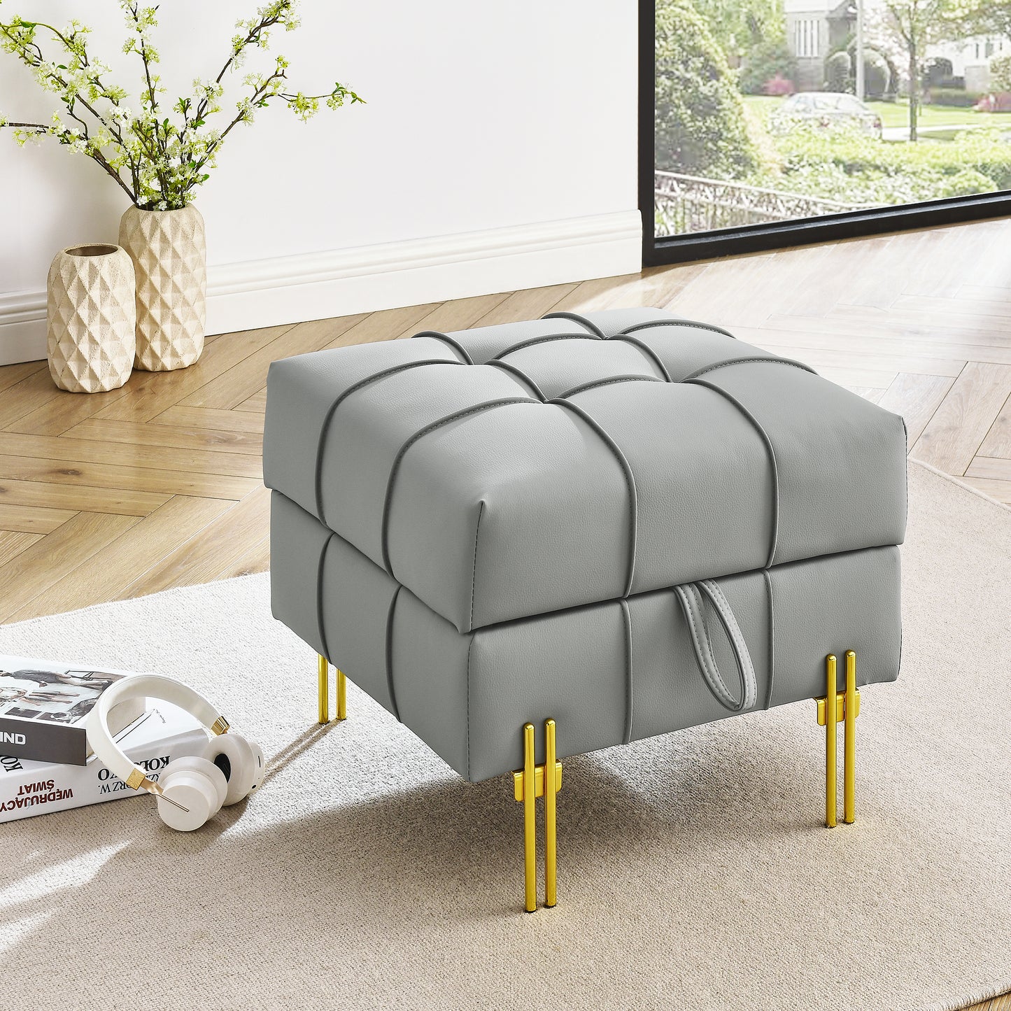 22 inches Anti-scratch Leather Storage Ottoman, Pet Friendly Entryway Bench with Golden Stainless Steel Legs, Gray image 1