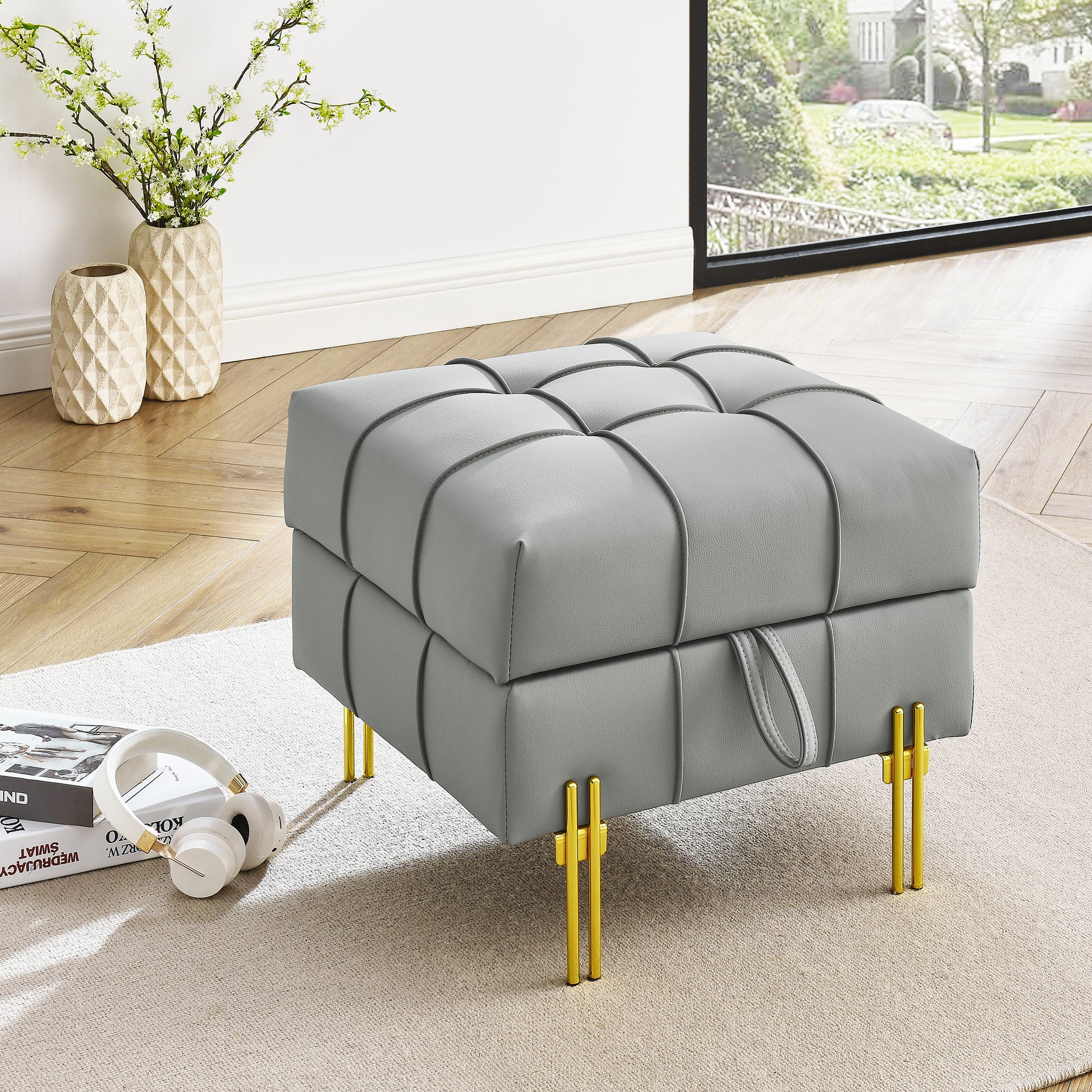 22 inches Anti-scratch Leather Storage Ottoman, Pet Friendly Entryway Bench with Golden Stainless Steel Legs, Gray image 1