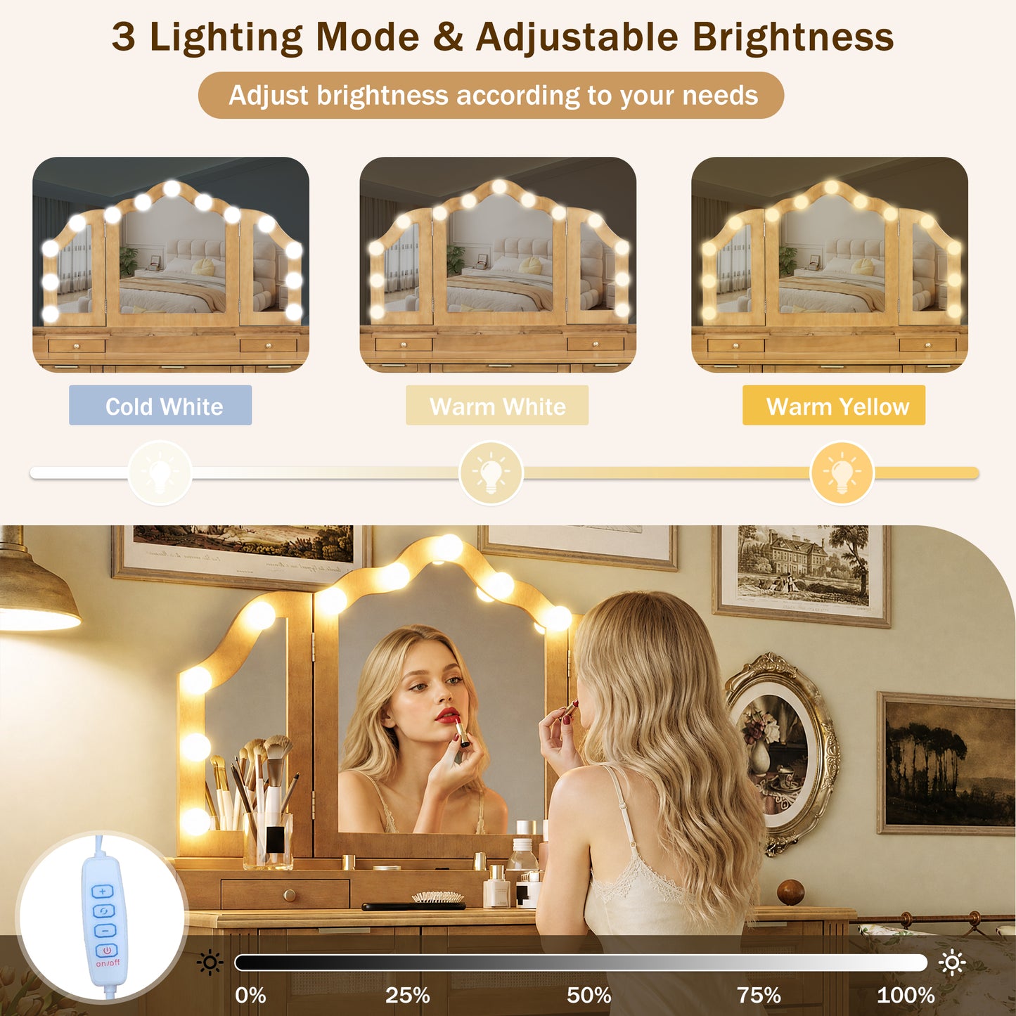 44.37" Makeup Vanity Desk with Stool Set, 13 Hollywood Bulbs & 3 Lighting Modes Dressing Table, Tri-Fold Mirror Large Vanity Table with Cushioned Stool, Charging Station, Ample Storage, Natural image 4