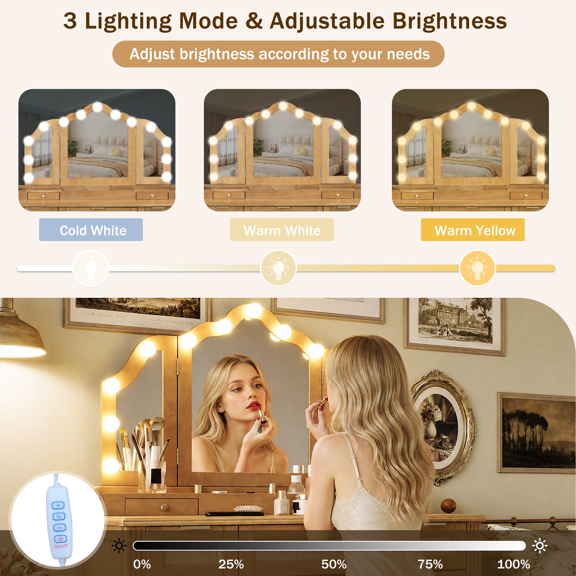 44.37" Makeup Vanity Desk with Stool Set, 13 Hollywood Bulbs & 3 Lighting Modes Dressing Table, Tri-Fold Mirror Large Vanity Table with Cushioned Stool, Charging Station, Ample Storage, Natural image 4