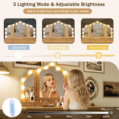 44.37" Makeup Vanity Desk with Stool Set, 13 Hollywood Bulbs & 3 Lighting Modes Dressing Table, Tri-Fold Mirror Large Vanity Table with Cushioned Stool, Charging Station, Ample Storage, Natural image 4