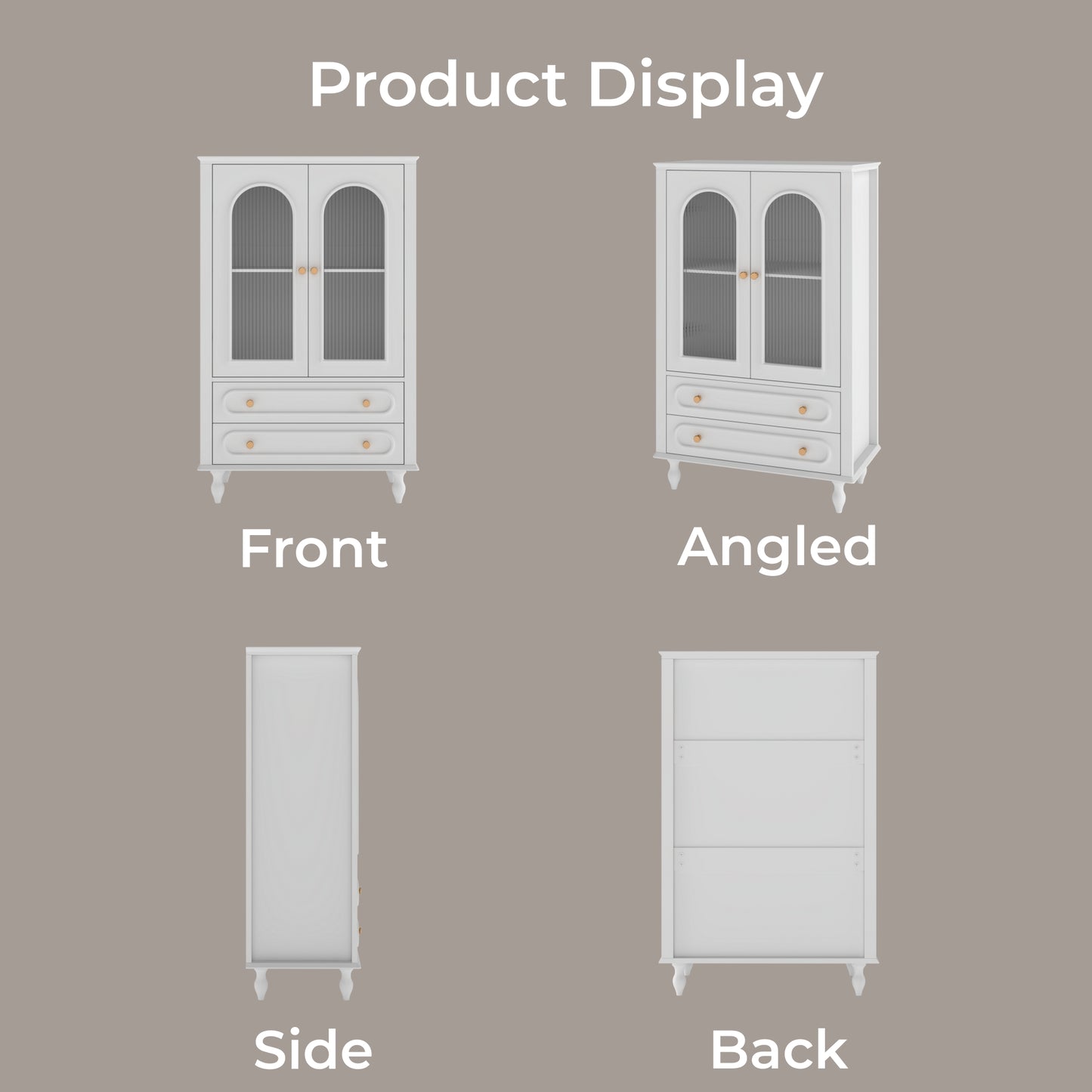 46.5'' Glass Display Cabinet with Ribbed Glass Doors,Wooden Curio Cabinet with 2 Drawers & Adjustable Shelf, Freestanding Buffet Cabinet Unit for Living Room Dining Room, White image 10