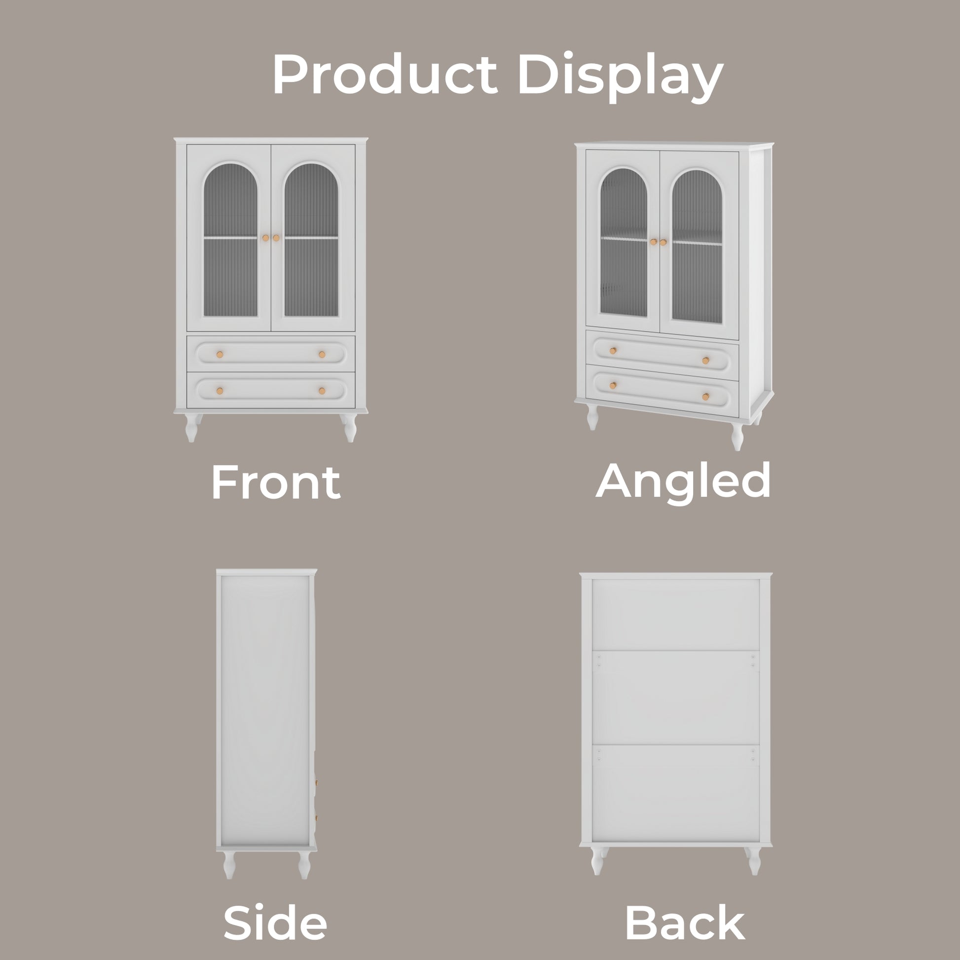 46.5'' Glass Display Cabinet with Ribbed Glass Doors,Wooden Curio Cabinet with 2 Drawers & Adjustable Shelf, Freestanding Buffet Cabinet Unit for Living Room Dining Room, White image 10