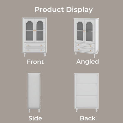 46.5'' Glass Display Cabinet with Ribbed Glass Doors,Wooden Curio Cabinet with 2 Drawers & Adjustable Shelf, Freestanding Buffet Cabinet Unit for Living Room Dining Room, White image 10