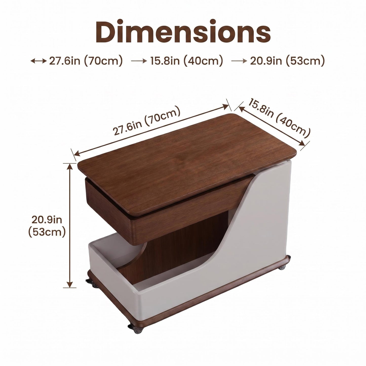 A small side table or coffee table with an adjustable height, suitable for the living room, balcony or bedroom. It is portable and features storage compartments, available in off-white and walnut. image 2