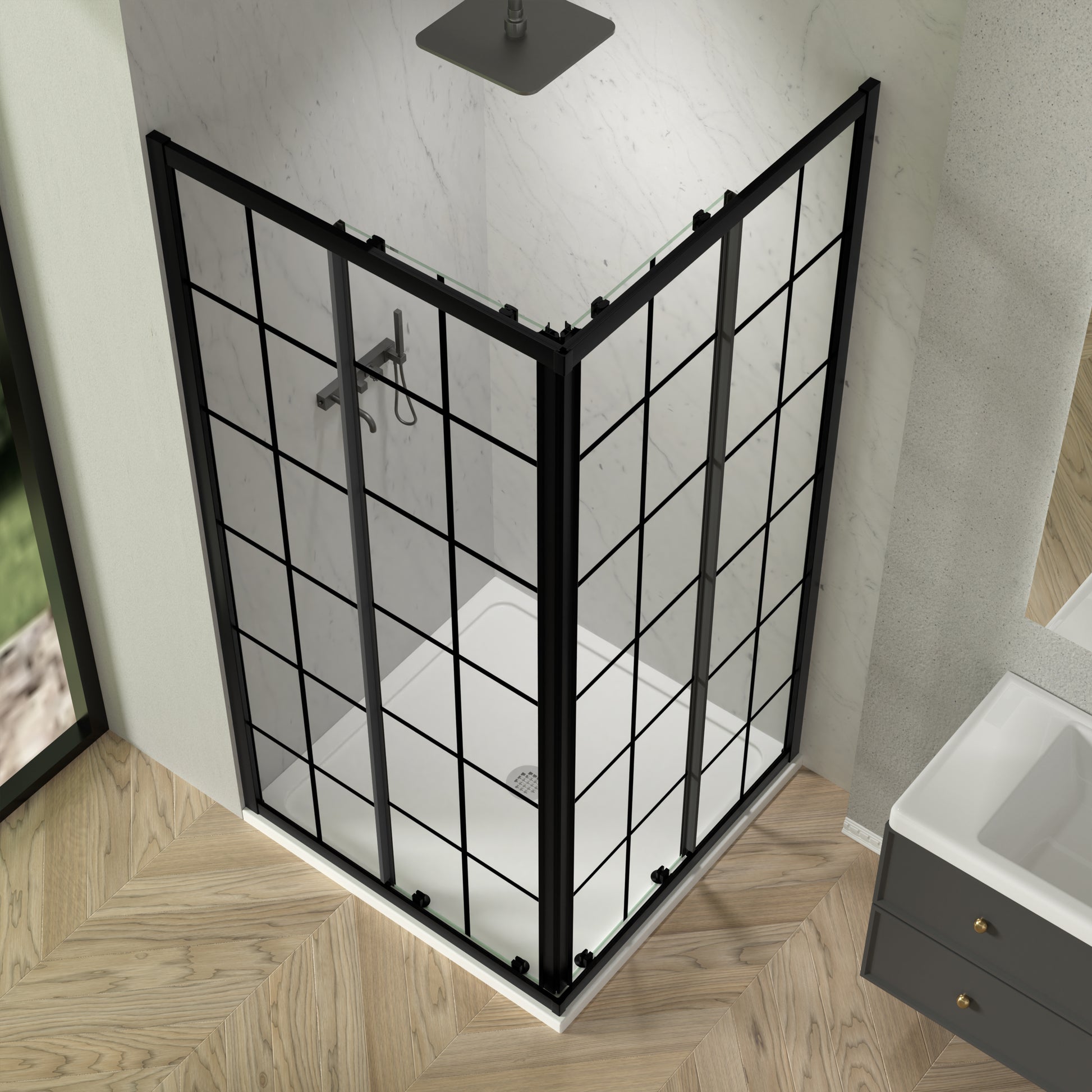 Sliding shower door, with 1/4" tempered clear with black lines glass, 34.625 in. x 72 in. Frame Sliding Corner Shower Enclosure in Matte Black image 2