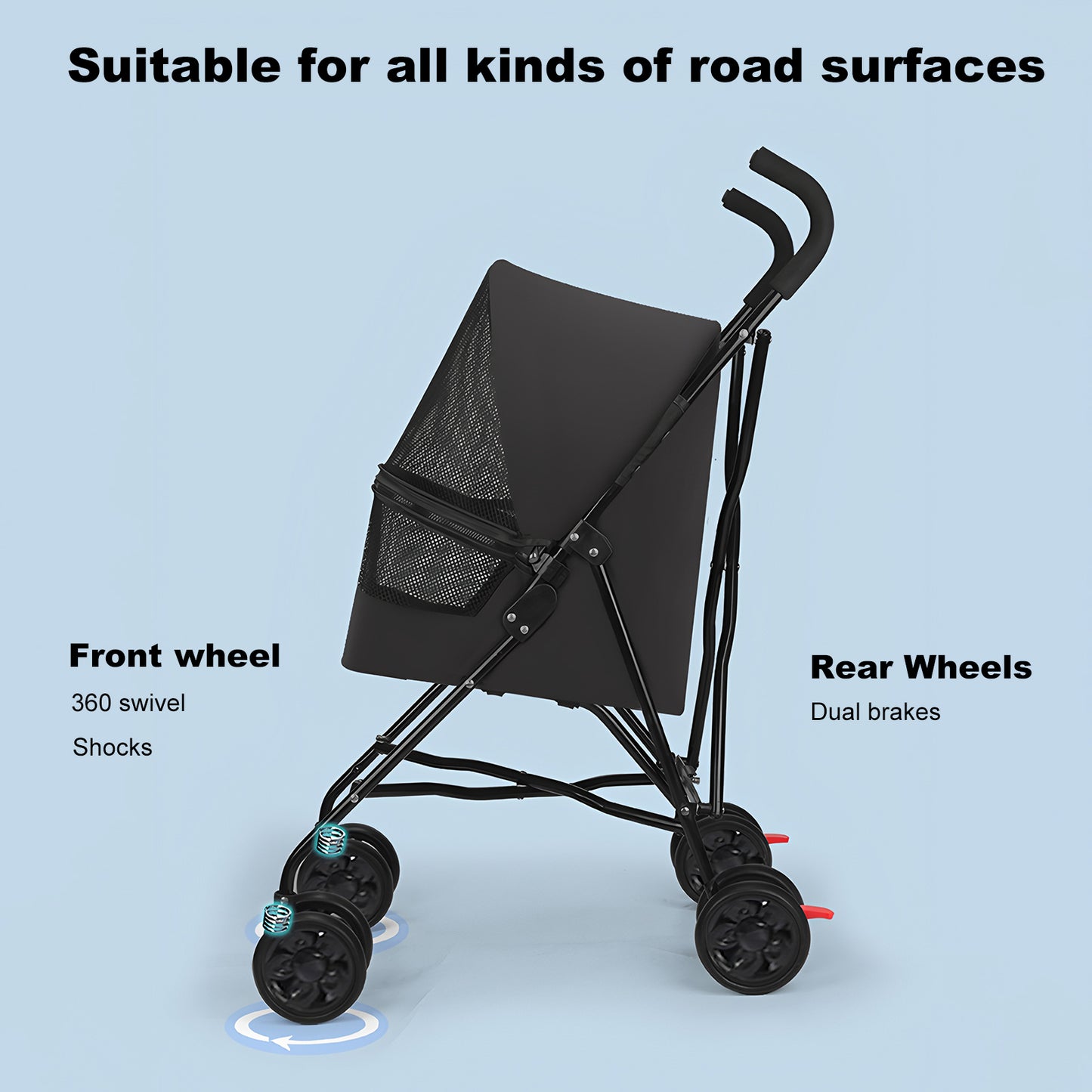 Pet Stroller for Small Dogs Cats with Mesh Ventilation, Lightweight Foldable Design, Cup Holder, Black image 6