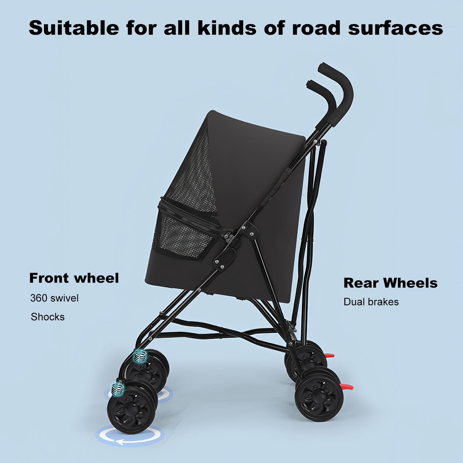 Pet Stroller for Small Dogs Cats with Mesh Ventilation, Lightweight Foldable Design, Cup Holder, Black image 6