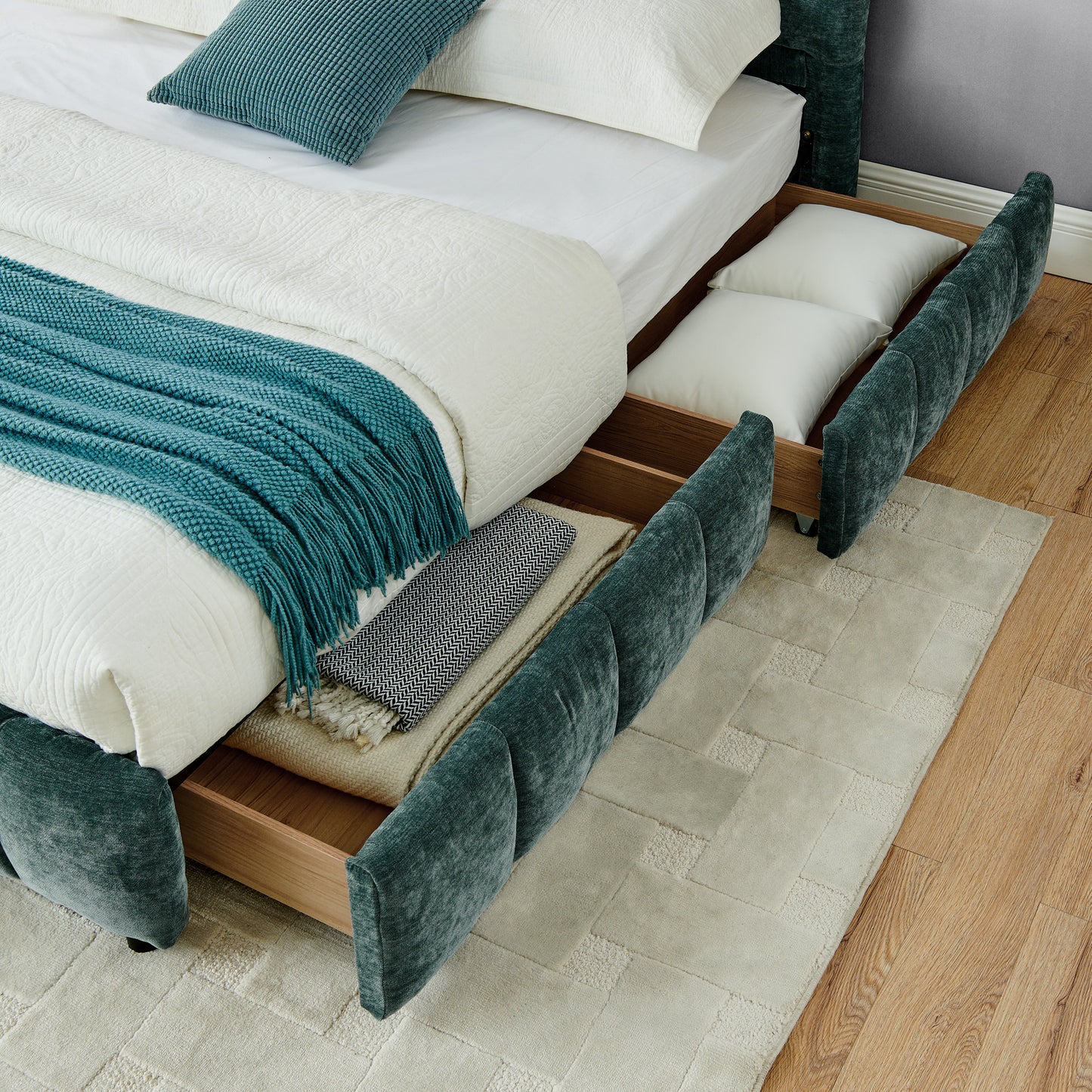 California King size Upholstered Bed,comfortable upholstered bed frame, Chenille fabric, with headboard and solid bed frame. With drawer for storage.-Blue Green(90.5''*80.5''*31'') image 9
