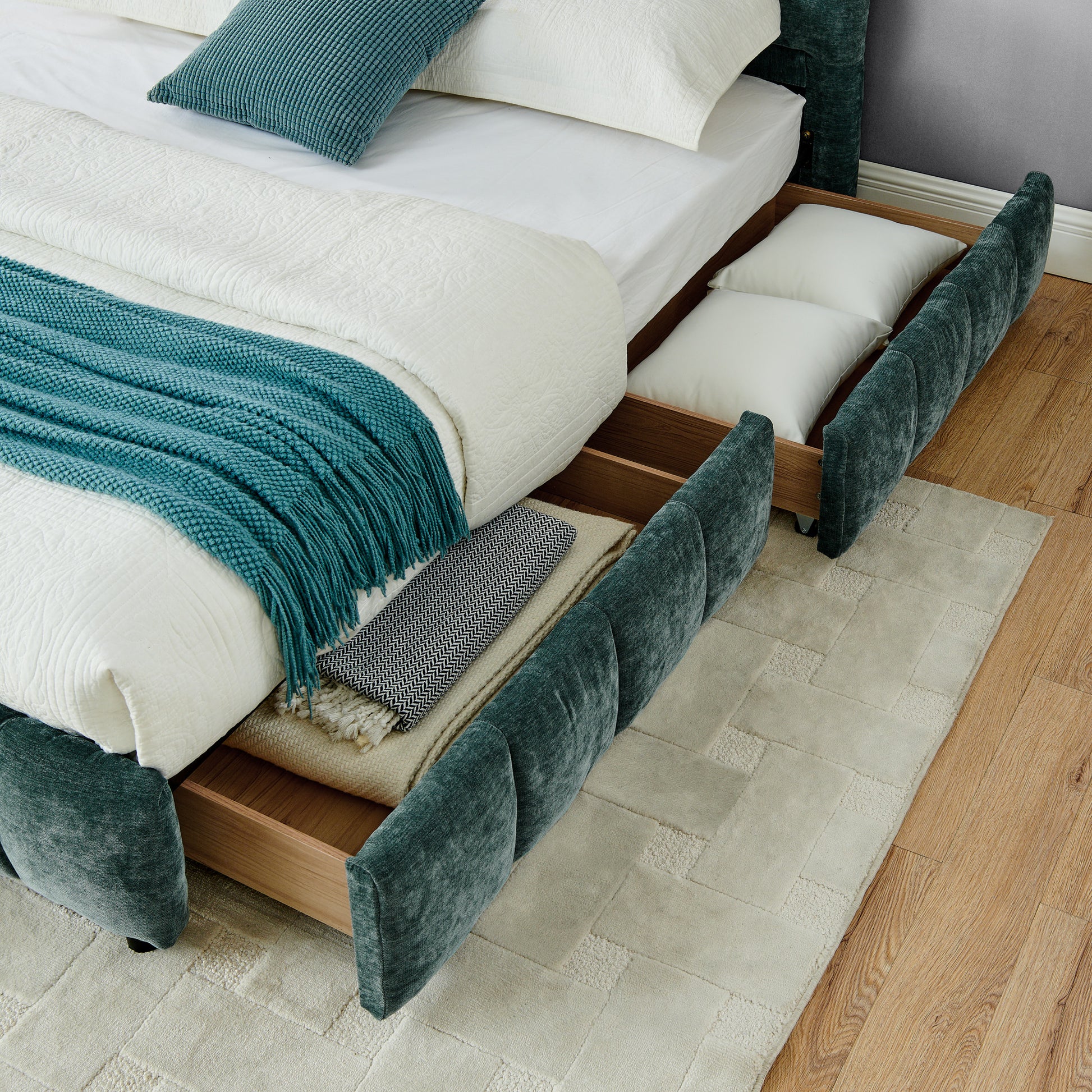 California King size Upholstered Bed,comfortable upholstered bed frame, Chenille fabric, with headboard and solid bed frame. With drawer for storage.-Blue Green(90.5''*80.5''*31'') image 9