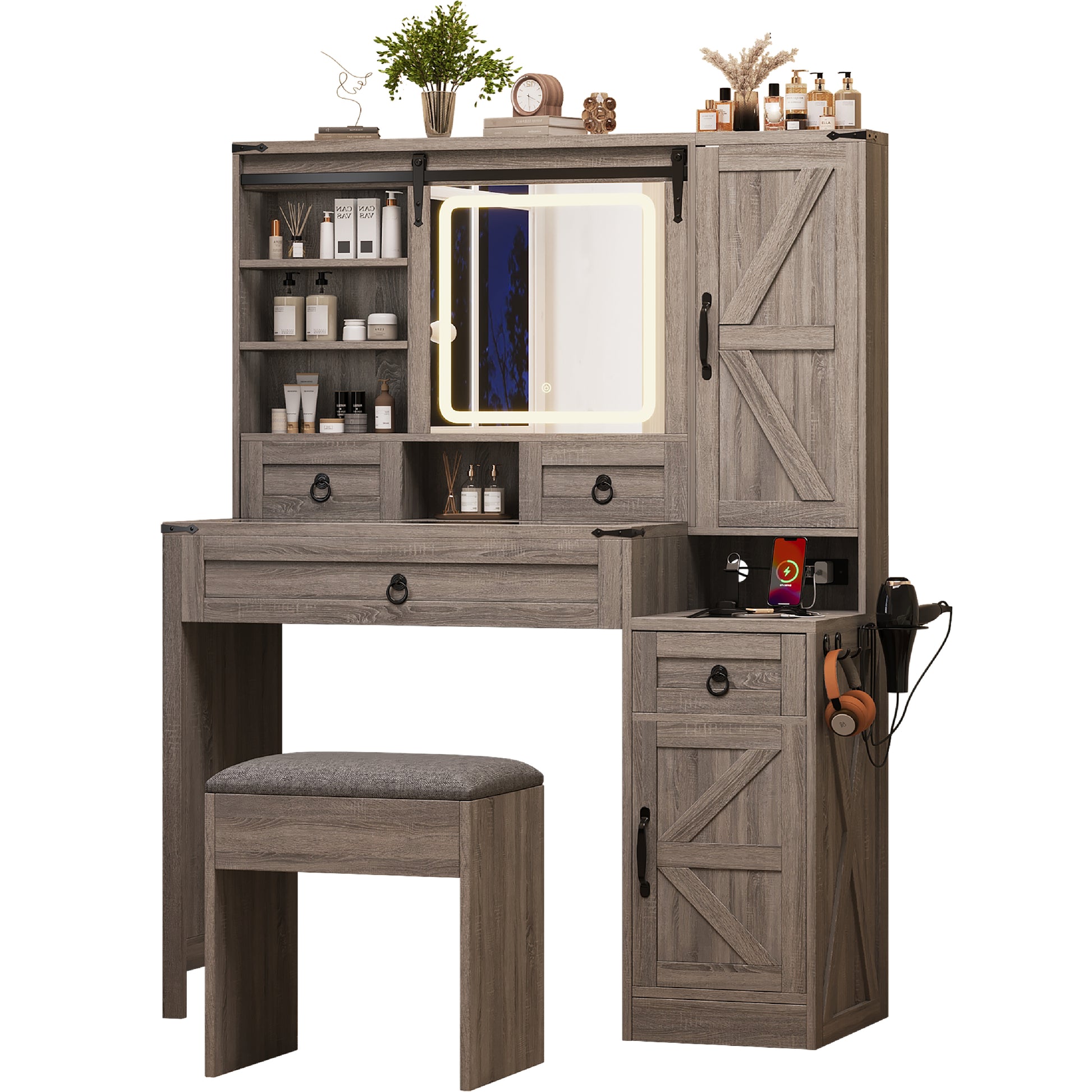 Farmhouse Vanity Desk with Sliding Mirror and Lights, Vanity Set with Glass Top and Charging Station,Dressing Table with 4 Drawers and 2 Cabinets, Dressing Table with Stool for Bedroom, Gray image 6
