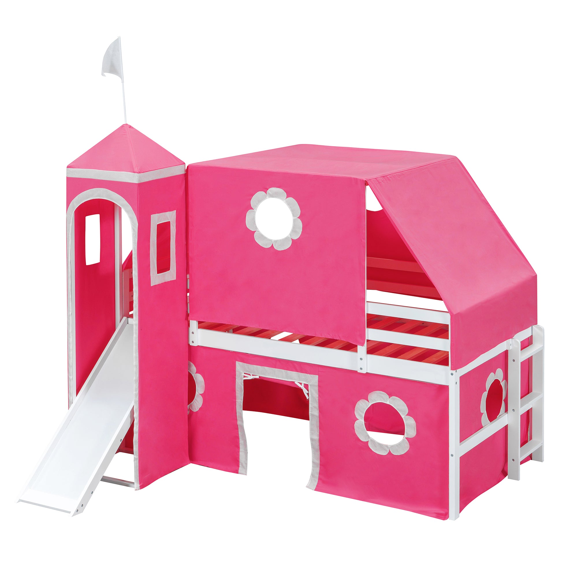 Twin Size Loft Bed with Slide Pink Tent and Tower - Pink(OLD SKU:N708P249511H) image 8