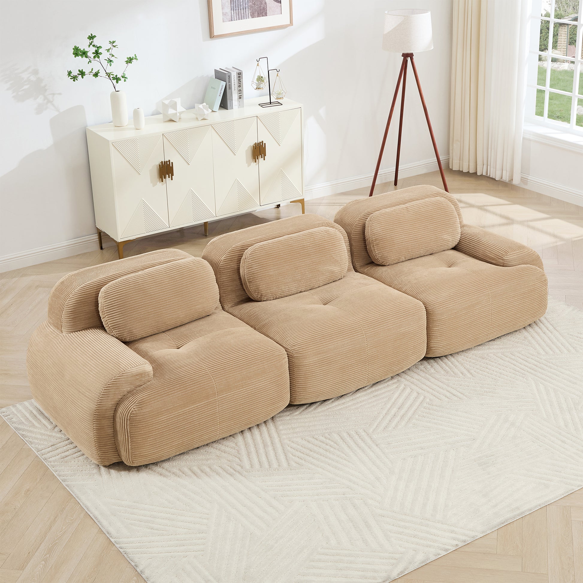 3-seat sofa premiumCorduroy Fabric fabric modular multi-combination anti-slip design no assembly curved armrests ergonomic support high-resilience sponge for living rooms bedrooms,Camel image 1