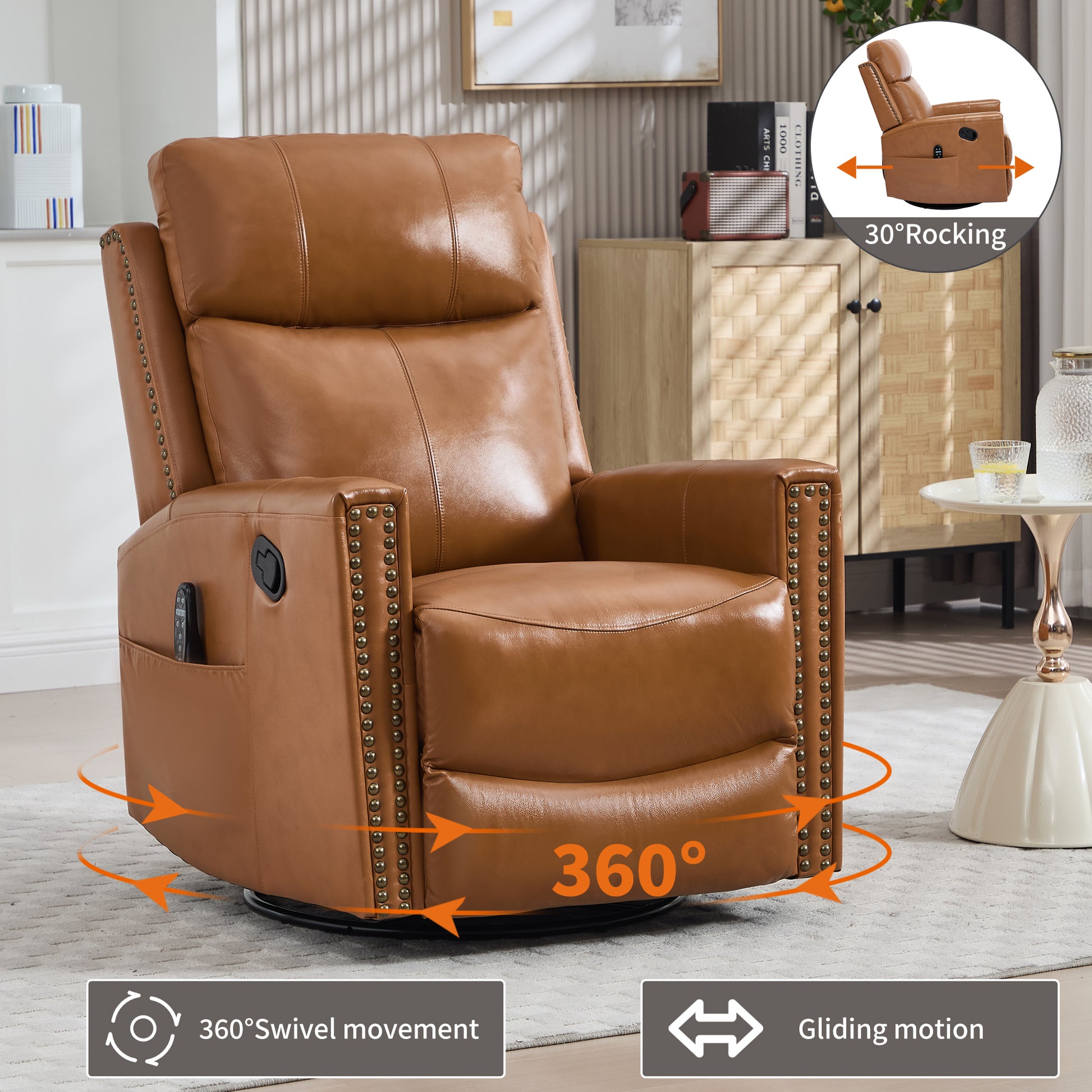 Orange Gnuine Leather Heat Massage Manual Recliner Chair with Rocker and Swivel for Living Room image 4
