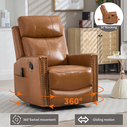 Orange Gnuine Leather Heat Massage Manual Recliner Chair with Rocker and Swivel for Living Room image 4