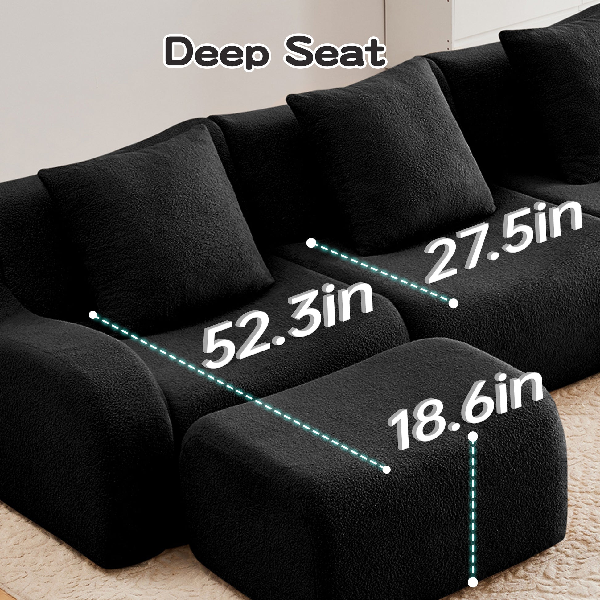 L-Shaped Teddy Fabric 2-Seat Boneless Sofa,No Assembly Required Curved Armrest,Streamlined Design Ergonomic Design,32D High Density Sponge For Living Rooms Rest Areas Bedroom,Black image 11