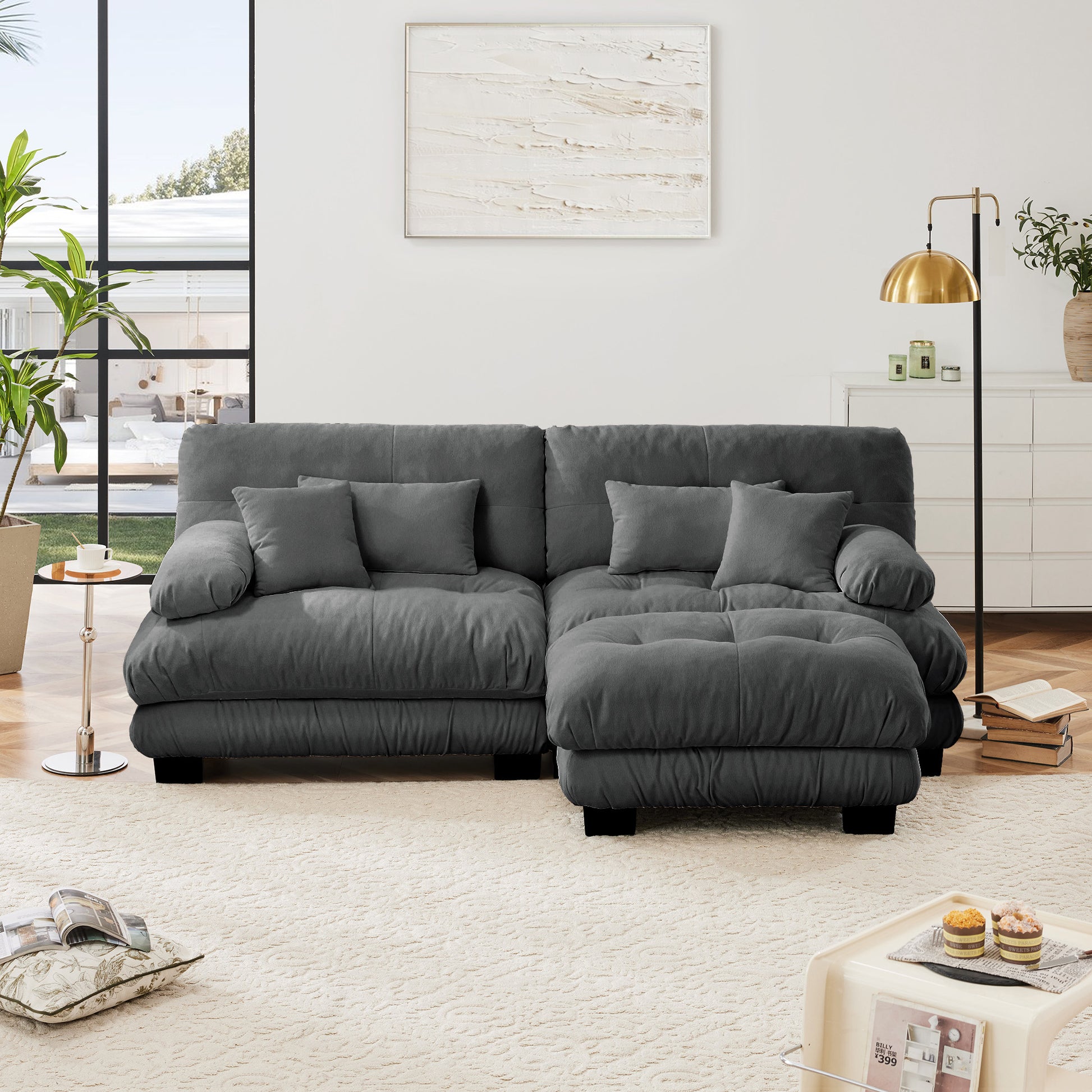 Cloud Couch Sectional Sofa for Living Room, Chenille 2 Seater Sofa with 2 Lumbar pillows and 2 throw pillows, Upholstered Wide Arm Sofa with Convertible Ottoman,Chenille Gray image 3