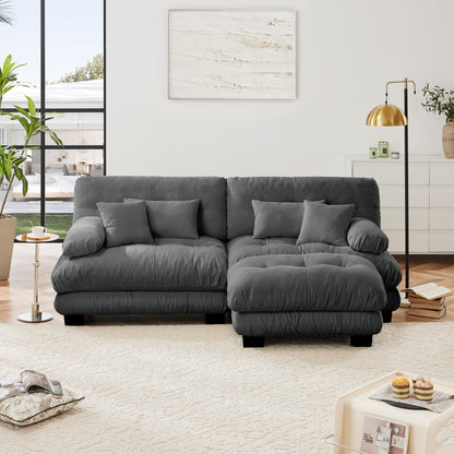 Cloud Couch Sectional Sofa for Living Room, Chenille 2 Seater Sofa with 2 Lumbar pillows and 2 throw pillows, Upholstered Wide Arm Sofa with Convertible Ottoman,Chenille Gray image 3