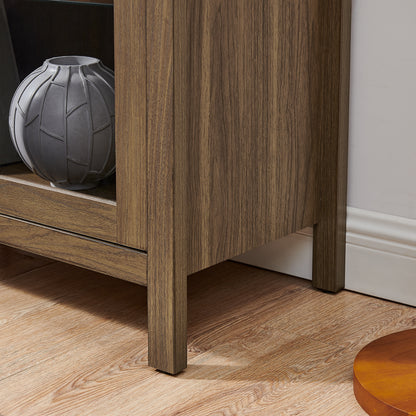 A high arched storage cabinet with a lamp, a modern retro-style wooden storage cabinet with adjustable glass partitions, suitable for use as a multi-functional cabinet in kitchens-Brown image 7
