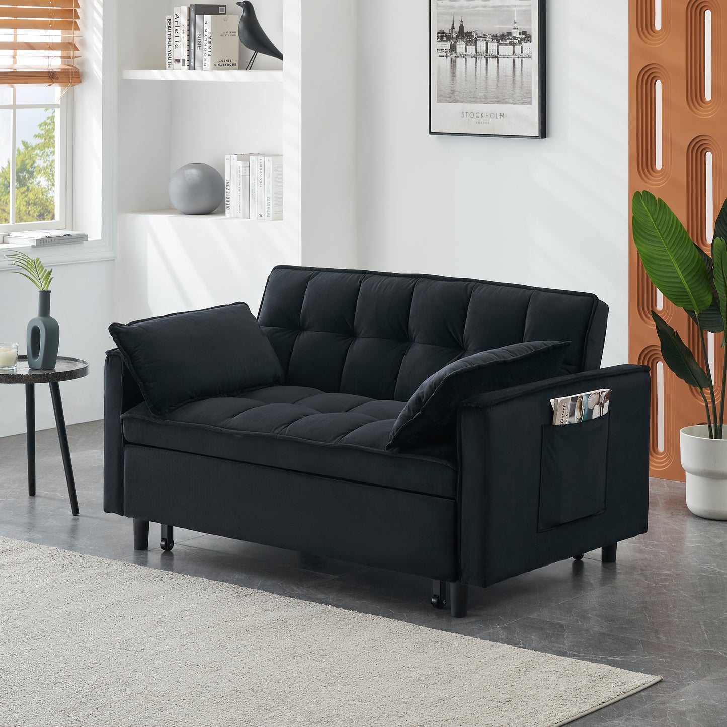 Modern velvet sofa, sofa pull-out bed, small love seat casual sofa with back, with pillow, pockets, living room furniture, 3 in 1 convertible sleep sofa bed. image 1