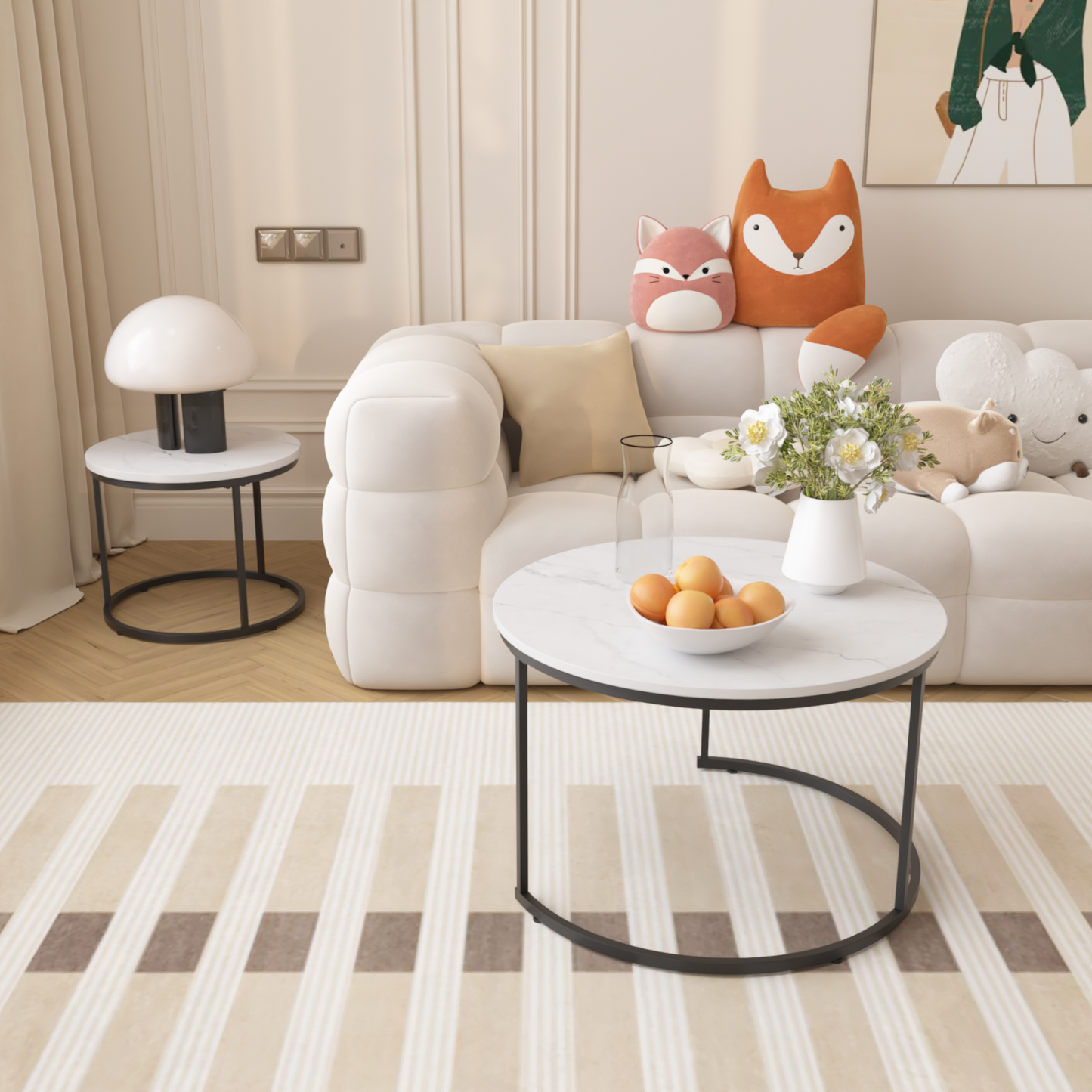 27.6" Nesting Coffee Table Set of 2, Round Coffee Table Wood Marble Pattern Top with Sturdy Metal Frame, End Table Side Tables for Living Room Bedroom Balcony Yard (White) image 8