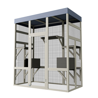 62.6" Wooden Catio for Cats, Large Cat Enclosure with Waterproof cover, 2 Napping House, Platforms & Galvanized Metal Wire – Secure Pet Cage Shelter image 10