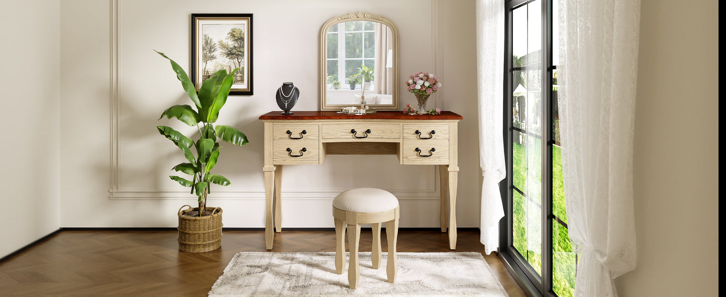 46" Vintage Makeup Vanity with Curved Flower Frame Mirror, Elegant Dressing Table with 5 Drawers and Leather Stool, Vanity Desk with Solid Wood Legs and Antique Handles for Bedroom image 9