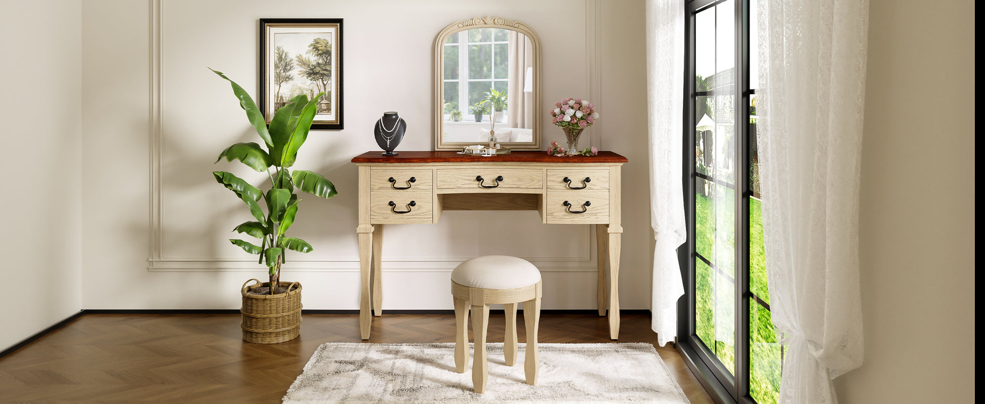 46" Vintage Makeup Vanity with Curved Flower Frame Mirror, Elegant Dressing Table with 5 Drawers and Leather Stool, Vanity Desk with Solid Wood Legs and Antique Handles for Bedroom image 9