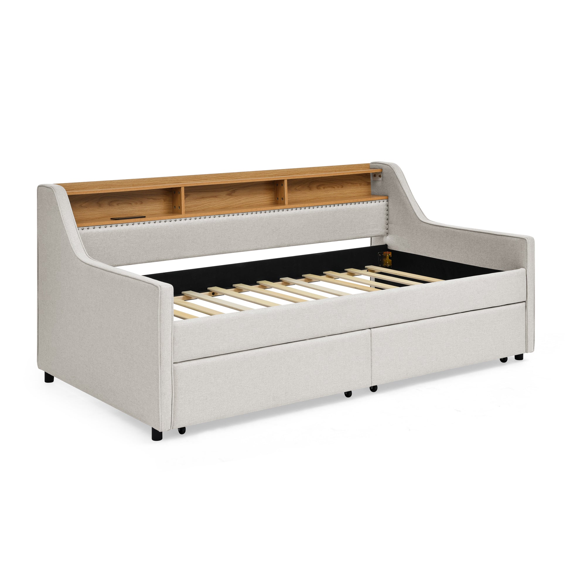 Twin Size Upholstery Sofa Bed with Three LED lights, with Storage Adjustable Headboard, with Two Storage Pull Up drawers and Wireless Charging, Linen Padded Sofa Bed frame, Beige image 11