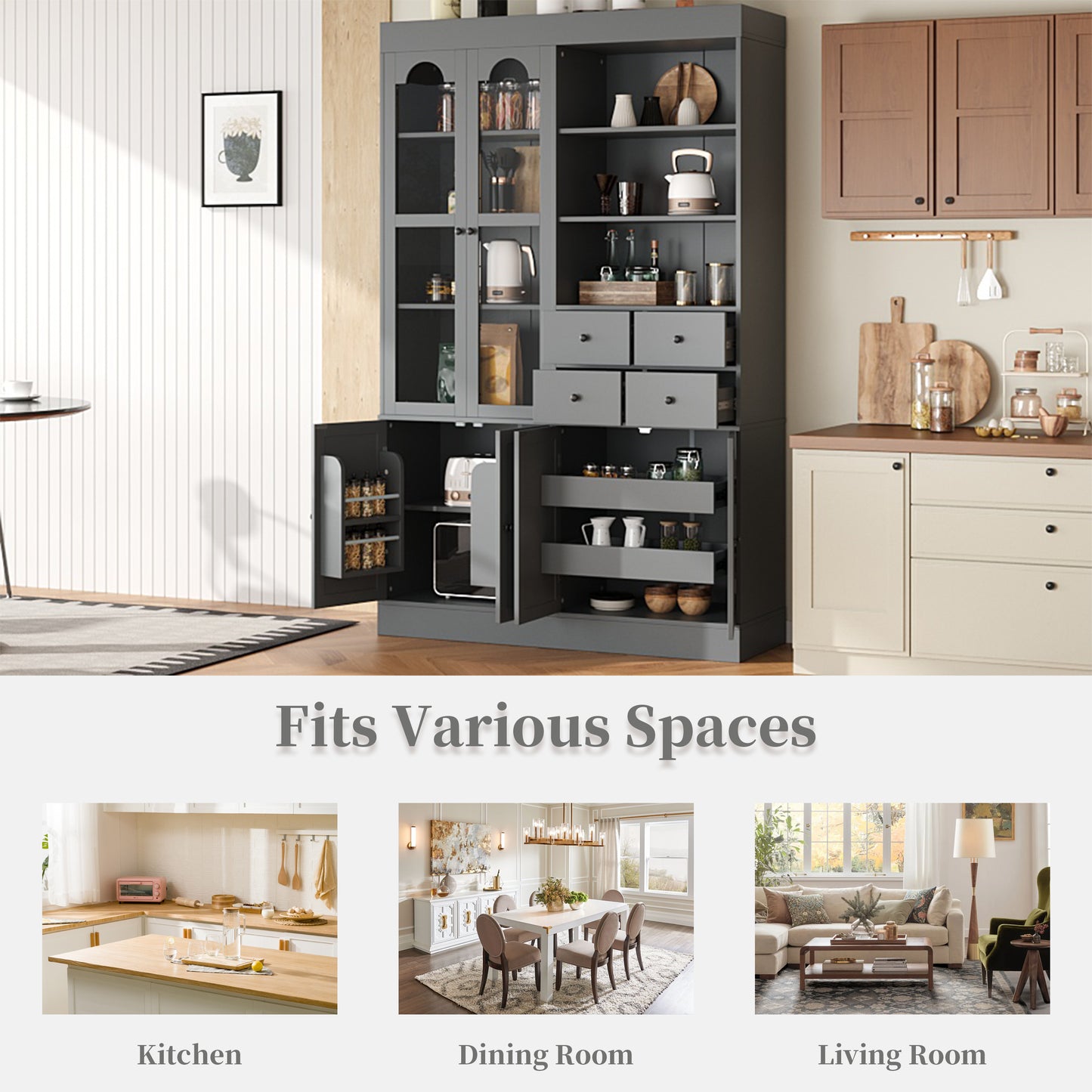 [Assembly Video Provided] TOPMAX 47.2x15.7x75inch Freestanding Buffet with Hutch, Tall Kitchen Pantry Cabinet with 4 Drawers, Door Shelves and Pull-out Trays for Dining room, Living Room, Gray image 10